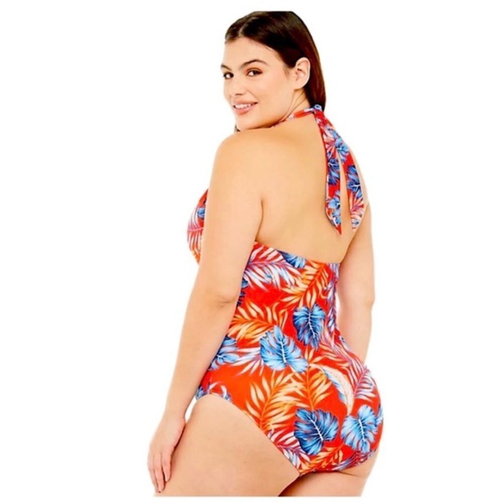 Evri‎ Twist Front Halter One Piece Swimsuit Floral Womens 1X Red Hawaiian - Picture 2 of 10
